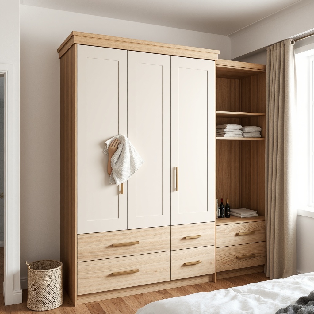 <clean photorealistic photo/illustration of a person gently wiping a Bellona wardrobe surf