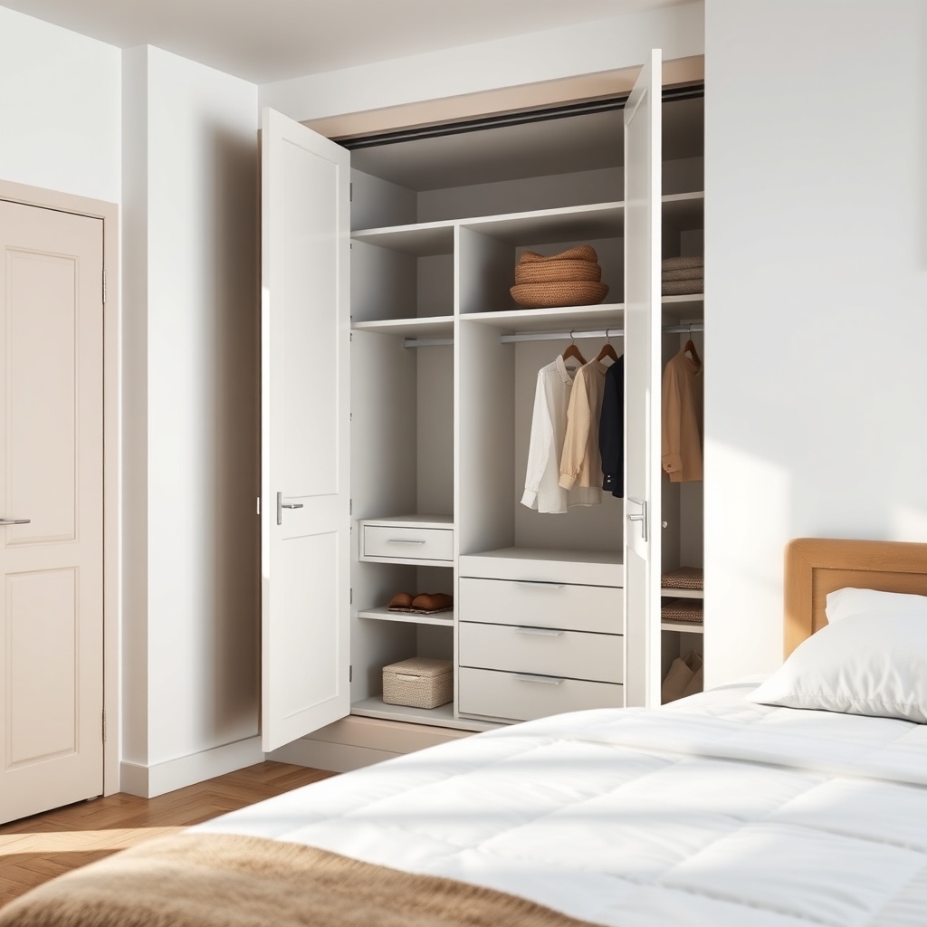A clean photorealistic photo of a modern bedroom with a Bellona wardrobe open