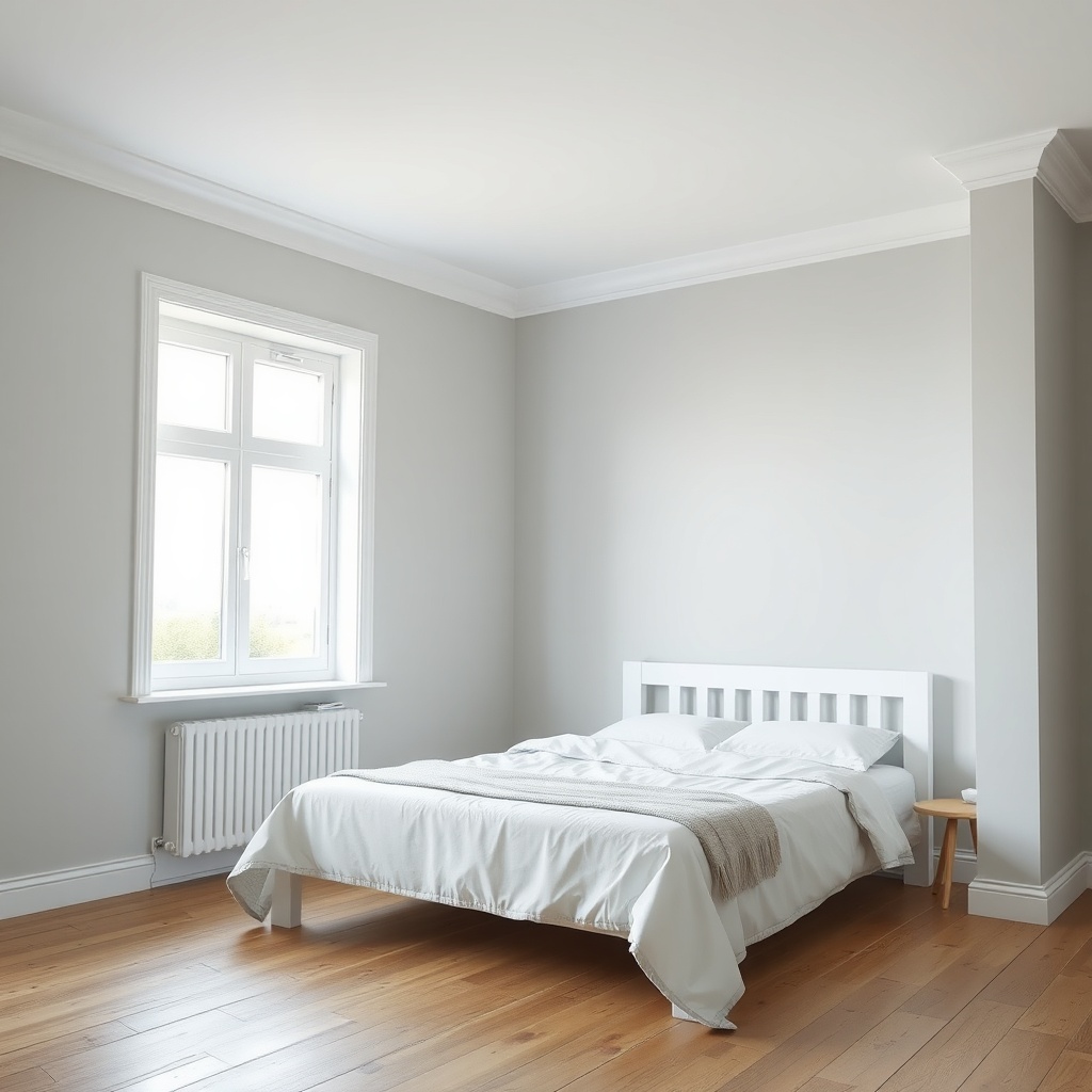 A bright bedroom with a white Bellona gardırop against a light grey wall