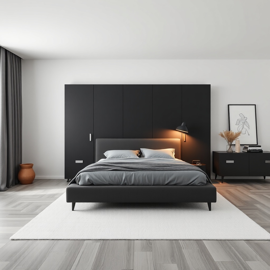 A stylish bedroom with a dark grey Bellona gardırop