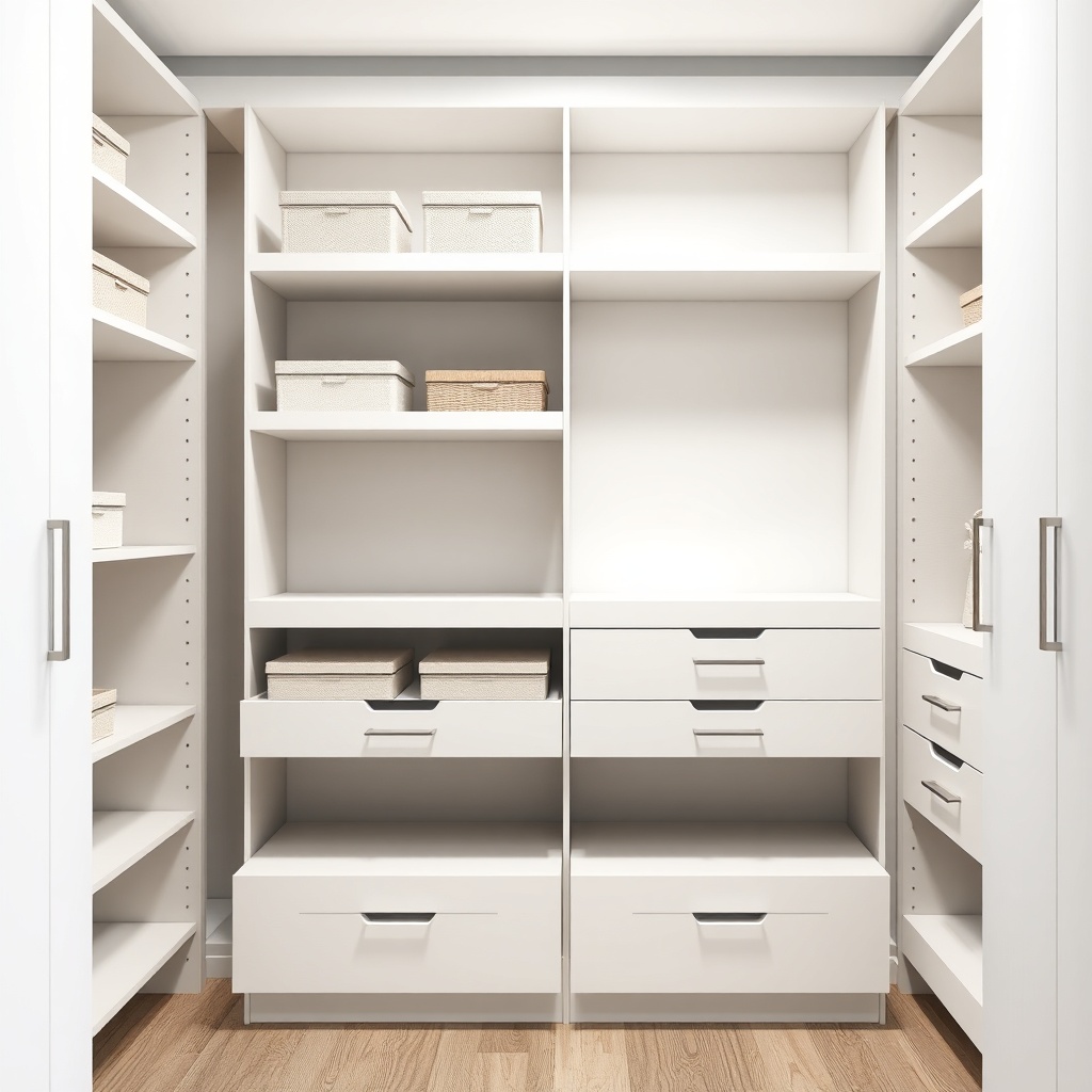<clean photorealistic photo of a well-organized Bellona wardrobe interior with multiple sh