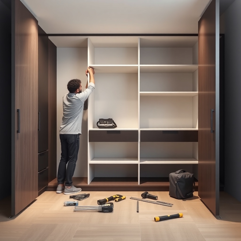 <clean photorealistic photo of a person installing a shelving unit inside a Bellona wardro