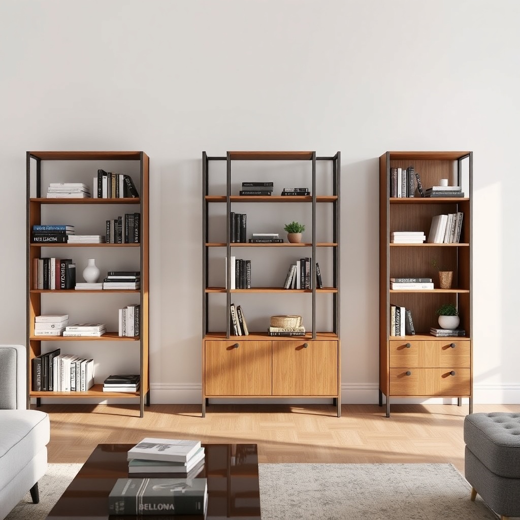 <clean photorealistic photo showing three different Bellona bookshelf models side by side