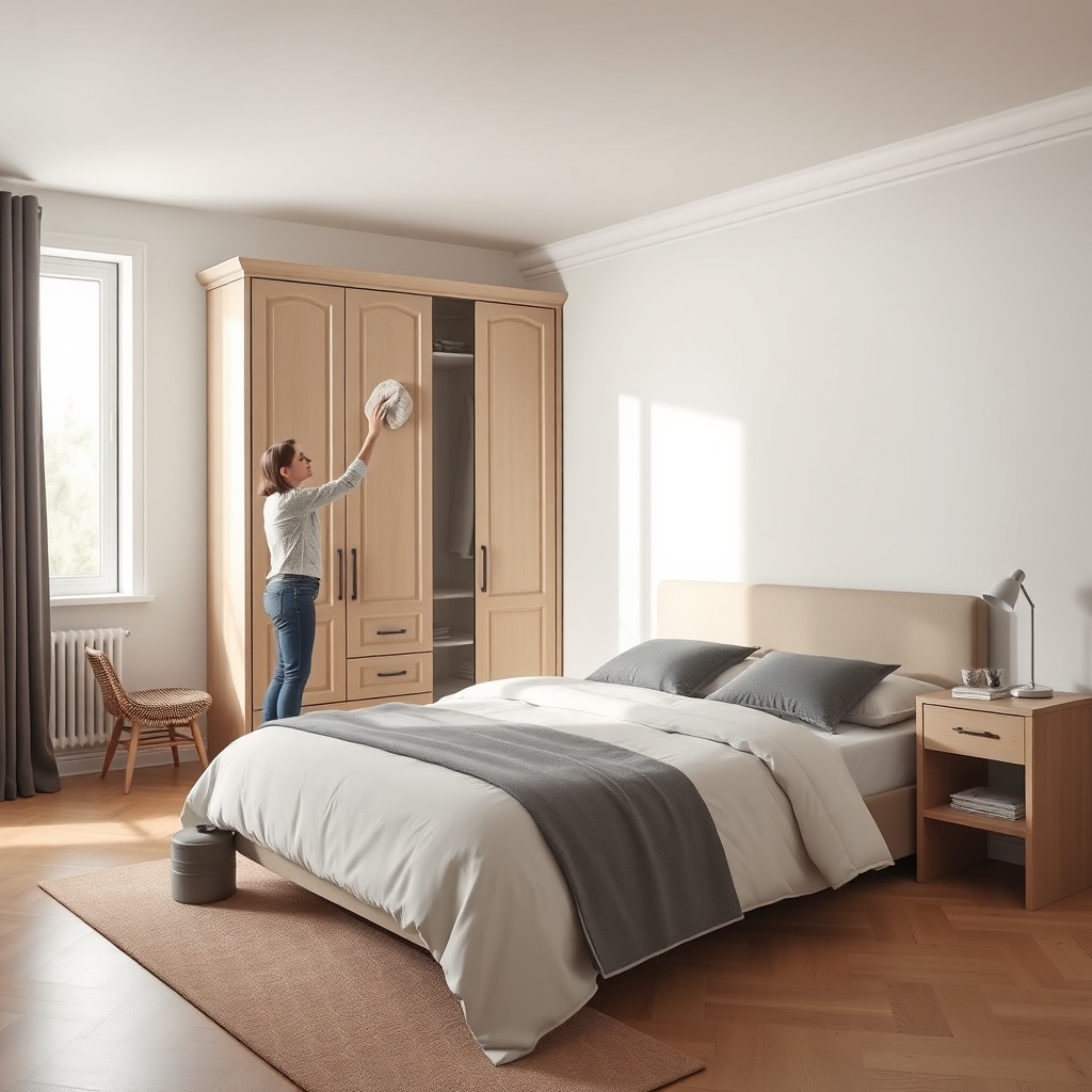 <clean photorealistic photo/illustration of a bedroom with a Bellona bed and wardrobe