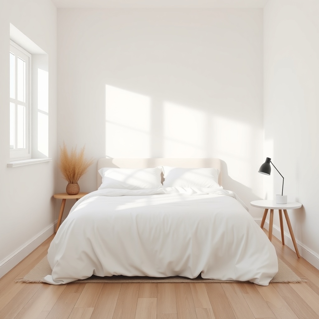 <clean photorealistic photo/illustration of a small bedroom with a white Bellona bed set