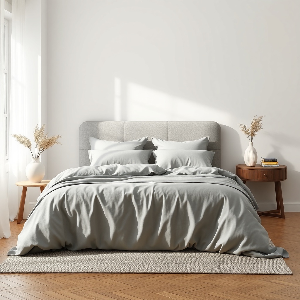 <clean photorealistic photo/illustration of a bedroom with a gray Bellona bed set