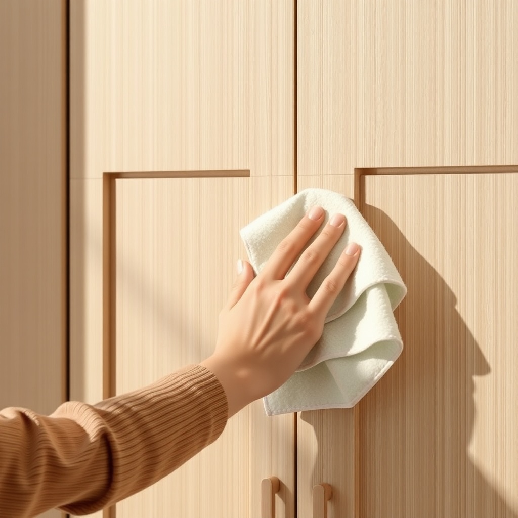<clean photorealistic photo of a person gently wiping a Bellona wardrobe with a microfiber
