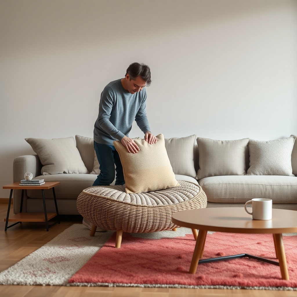 <clean photorealistic photo/illustration of a person placing a plush cushion onto an Istik