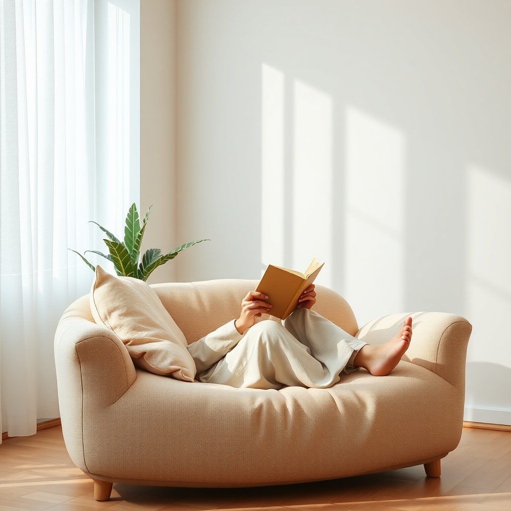 <clean photorealistic photo of a person sitting comfortably on a beige Istikbal berjer kol