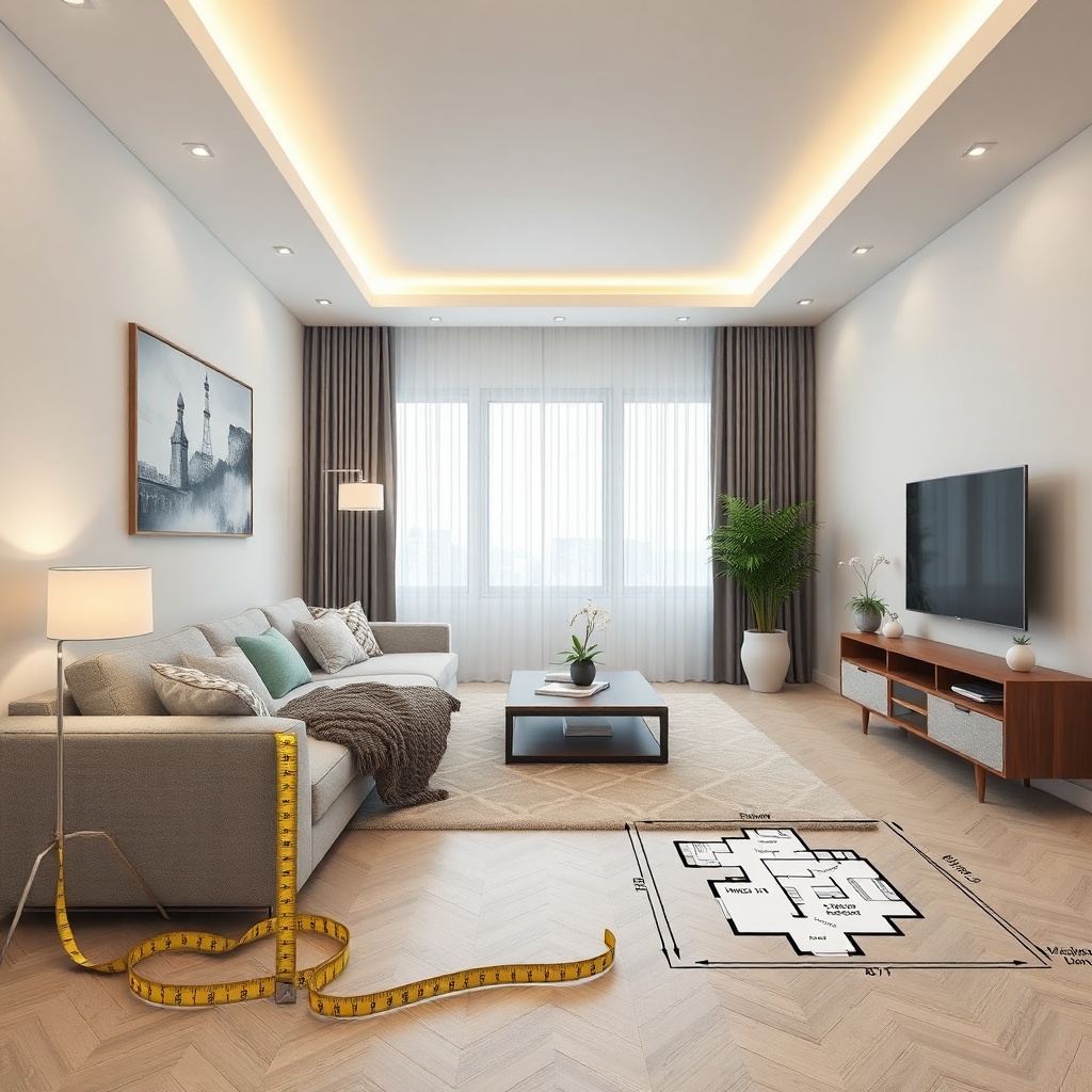 <clean photorealistic photo of a living room with a tape measure near a Istikbal berjer