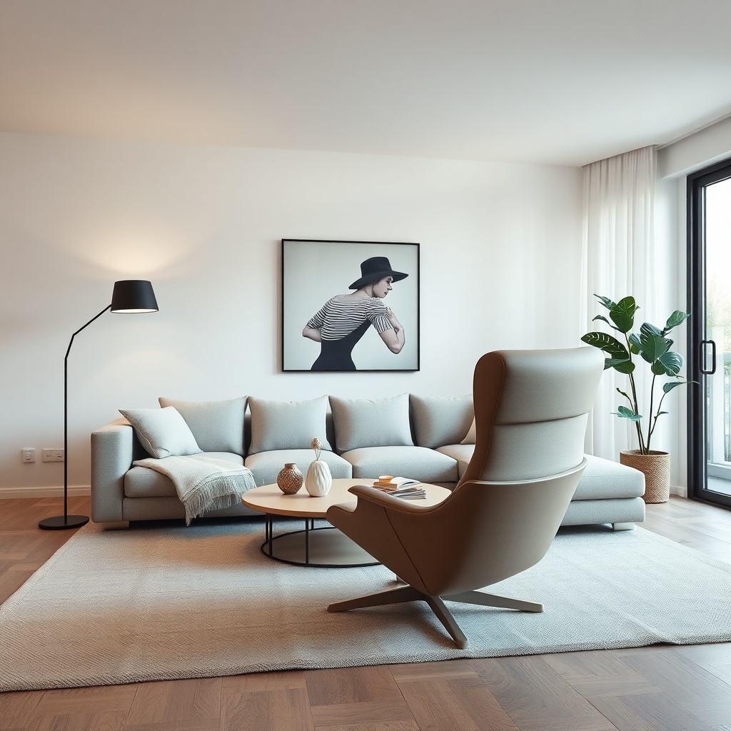 <clean photorealistic photo of a modern living room featuring an Istikbal berjer with rota