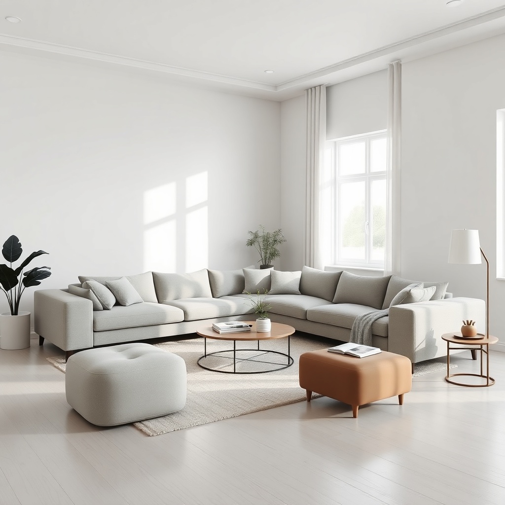 <clean photorealistic photo of a modern L-shaped Istikbal living room set in a bright