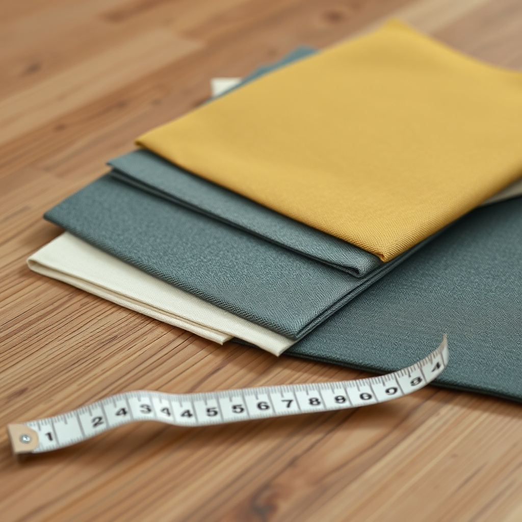<clean photorealistic photo of an Istikbal fabric swatch selection and a measuring tape on