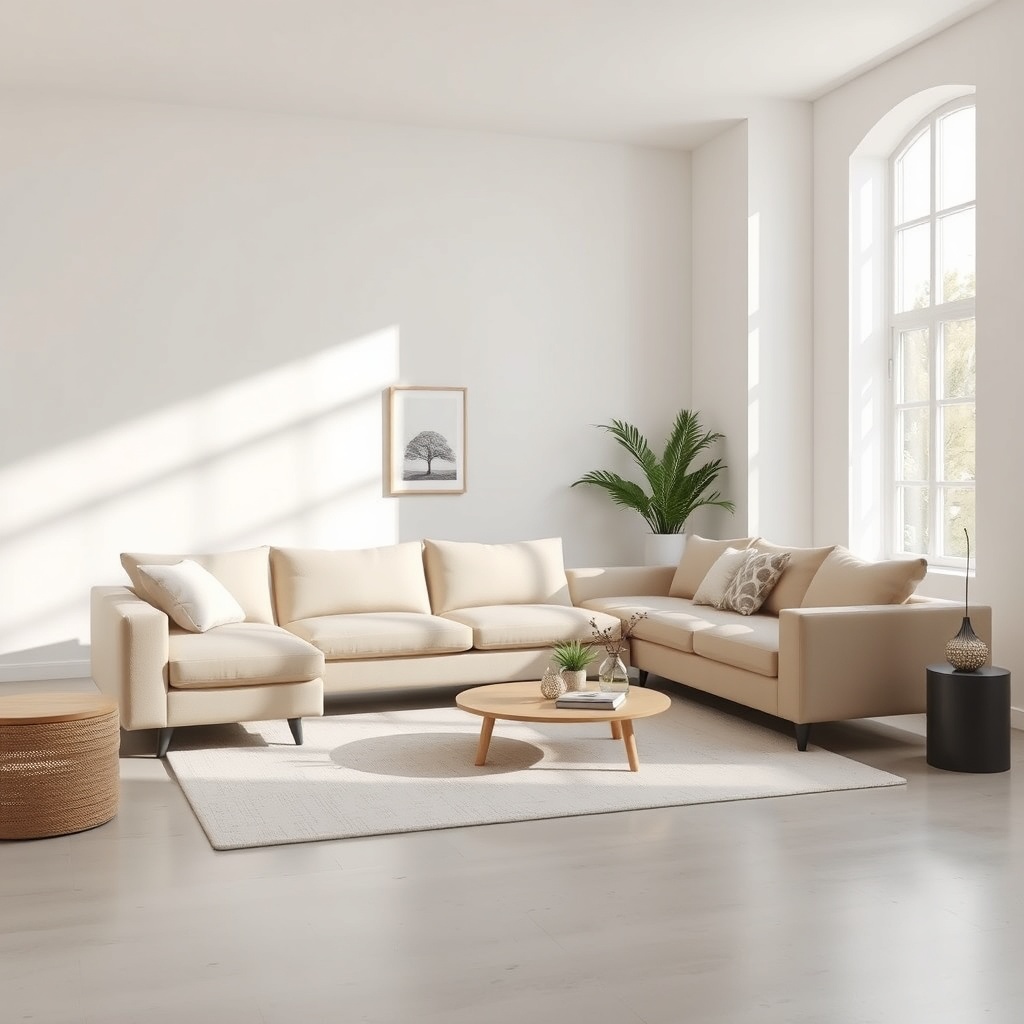 photorealistic photo of a modern living room with an Istikbal corner sofa set in beige fab