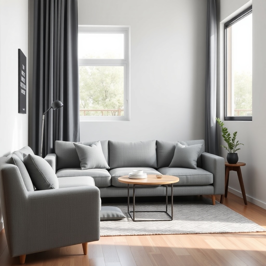 photorealistic photo of a small living room with a compact Istikbal sofa set in grey fabri
