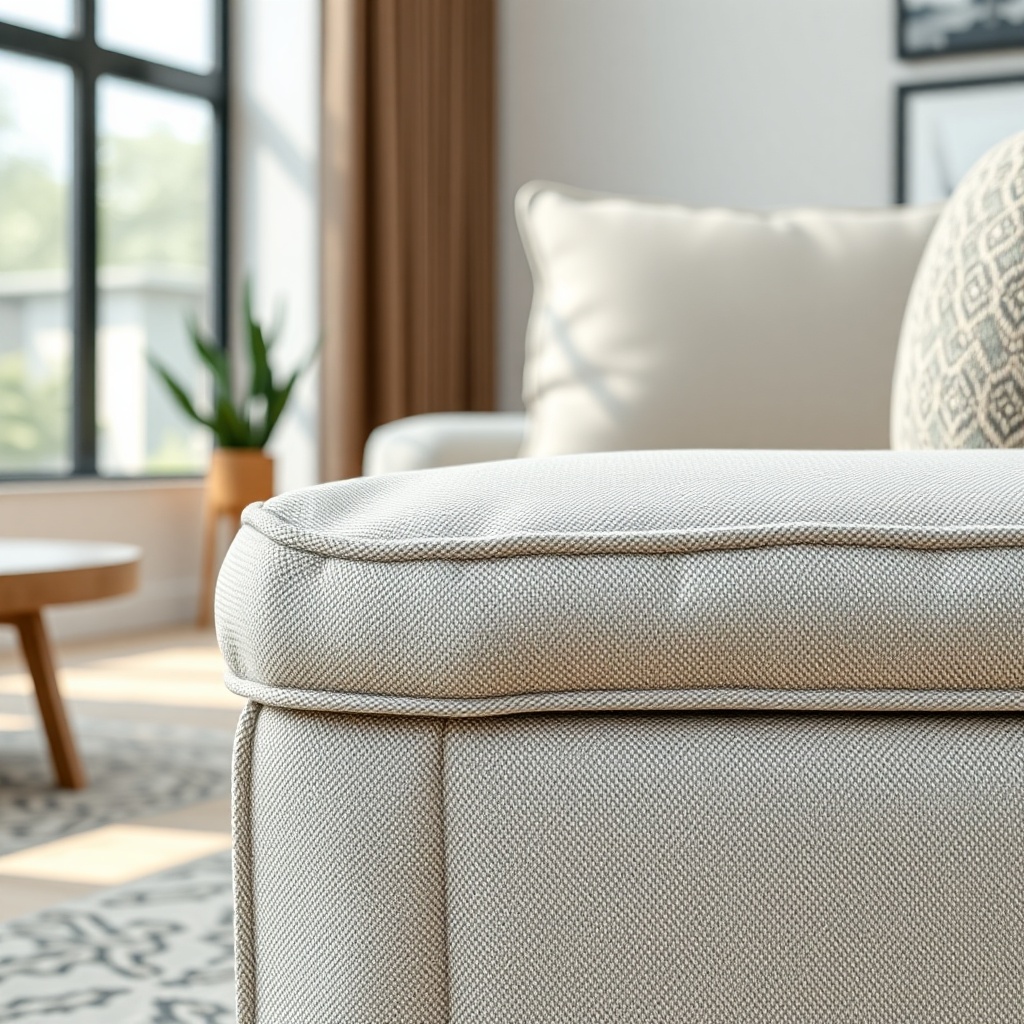 A photorealistic close-up shot of an Istikbal fabric sofa set in a modern living room