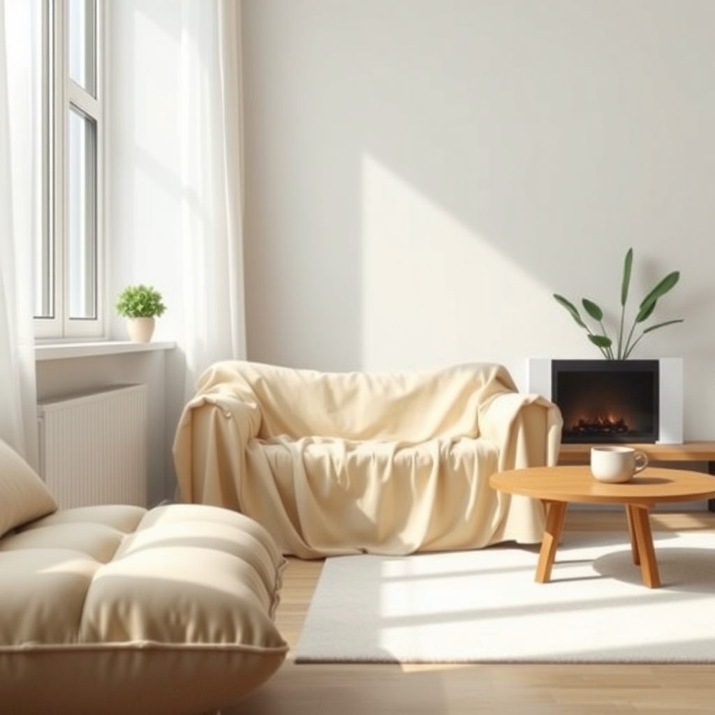 A photorealistic living room scene with an Istikbal koltuk takımı in a cream-colored fabri
